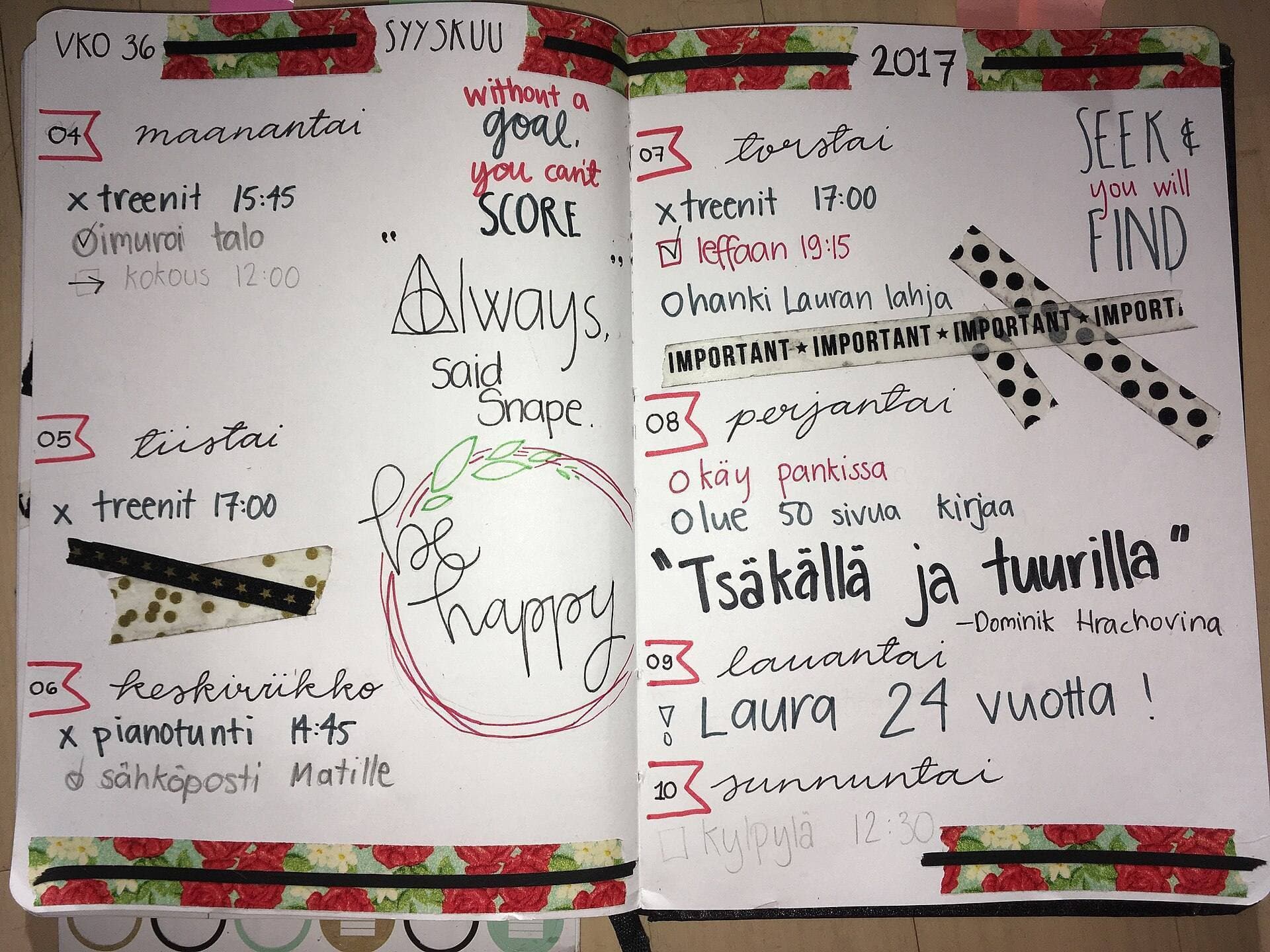 Bullet journal page with stickers and notes